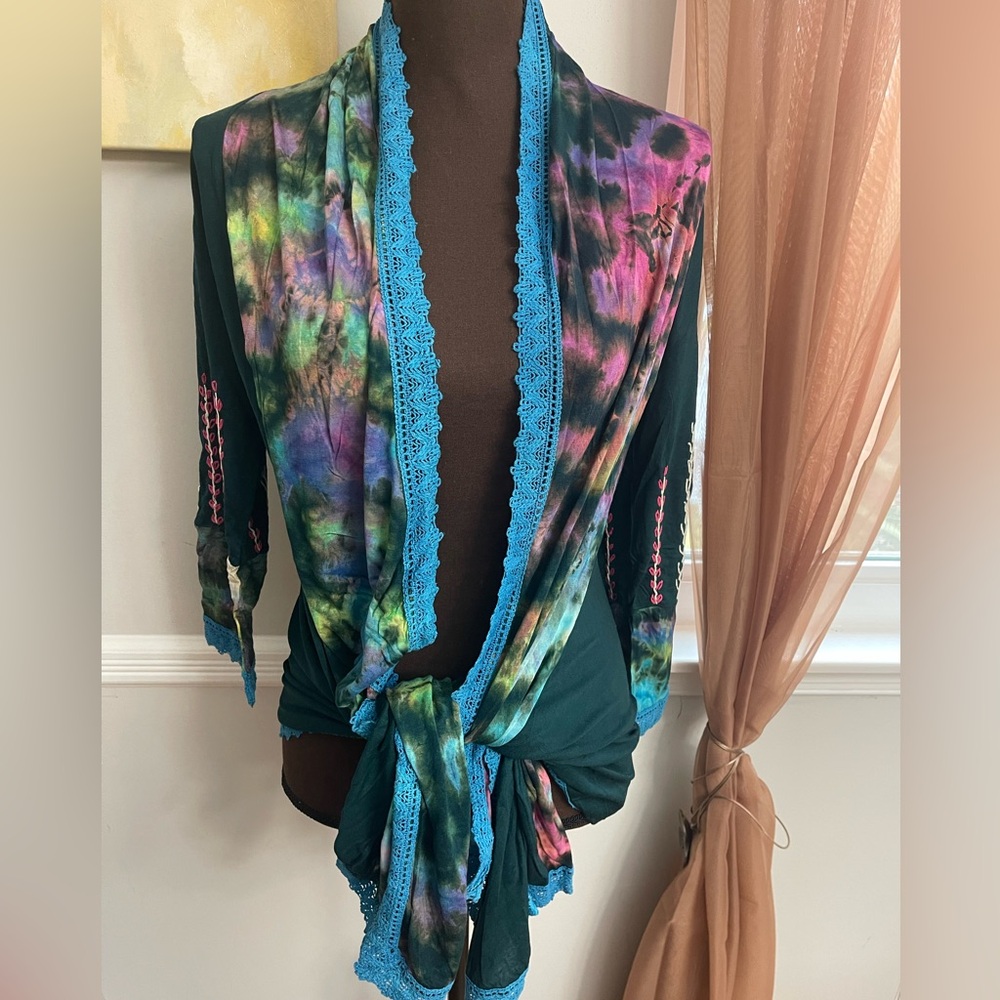 New nwt rising international tie dye embroidered Boho cardigan sz L $48 - Picture 1 of 6